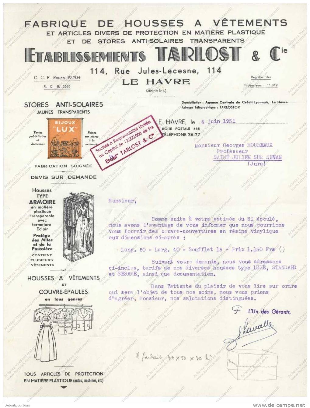 Etablissements TARLOST & Cie 114 Rue Jules Lecesne LE HAVRE Fabrique De Housses à Vêtements Stores Anti Solaires - 1950 - ...