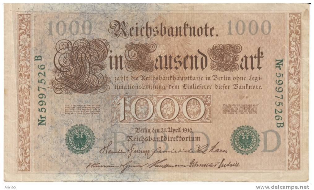 Germany #45b, 1,000 Mark 1910 Banknote Currency Money, Green 7-digit Serial Number - 1000 Mark