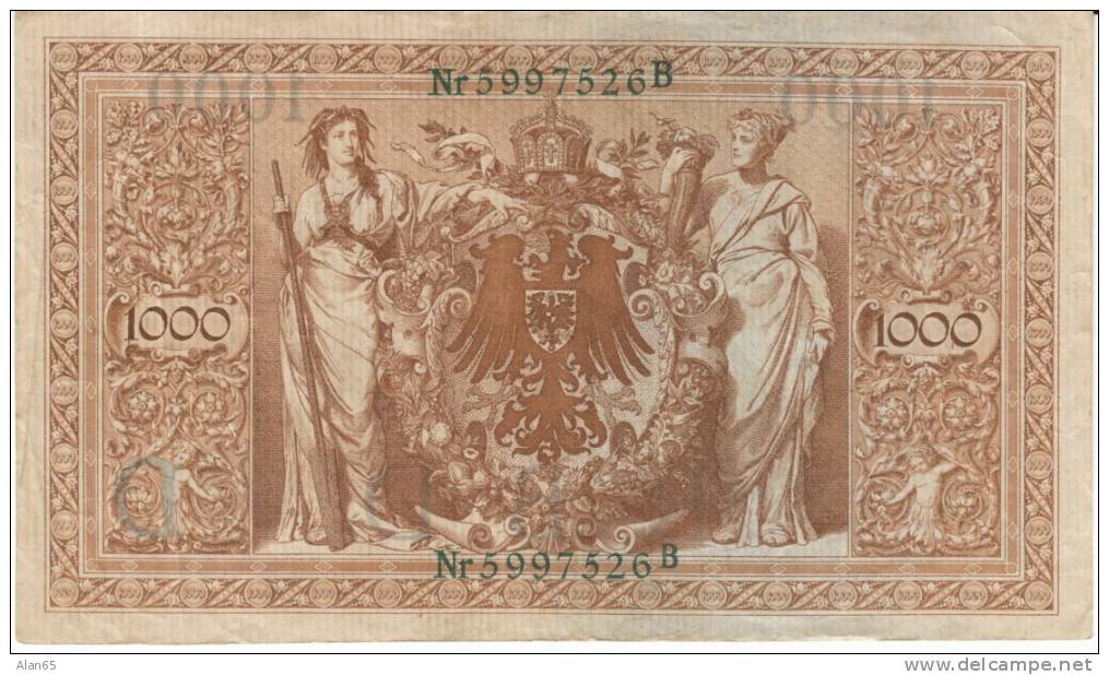 Germany #45b, 1,000 Mark 1910 Banknote Currency Money, Green 7-digit Serial Number - 1.000 Mark