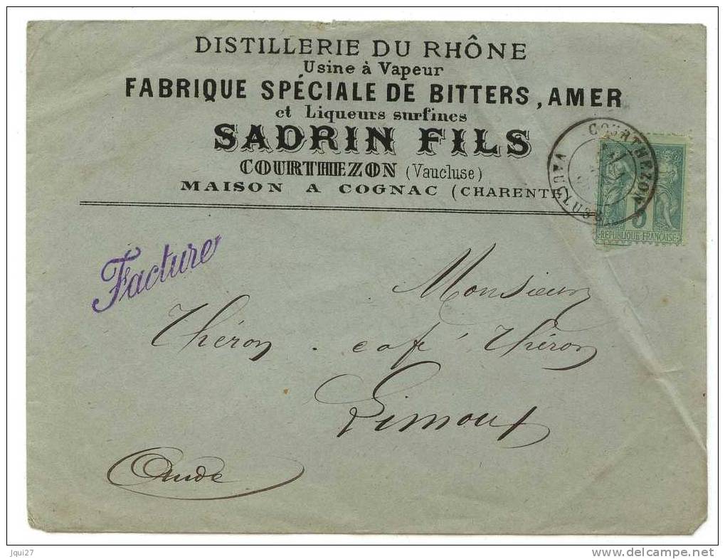 Enveloppe Bitters, Amers, Sadrin Fils à Courthezon (Vaucluse) 1886 - Alcolici