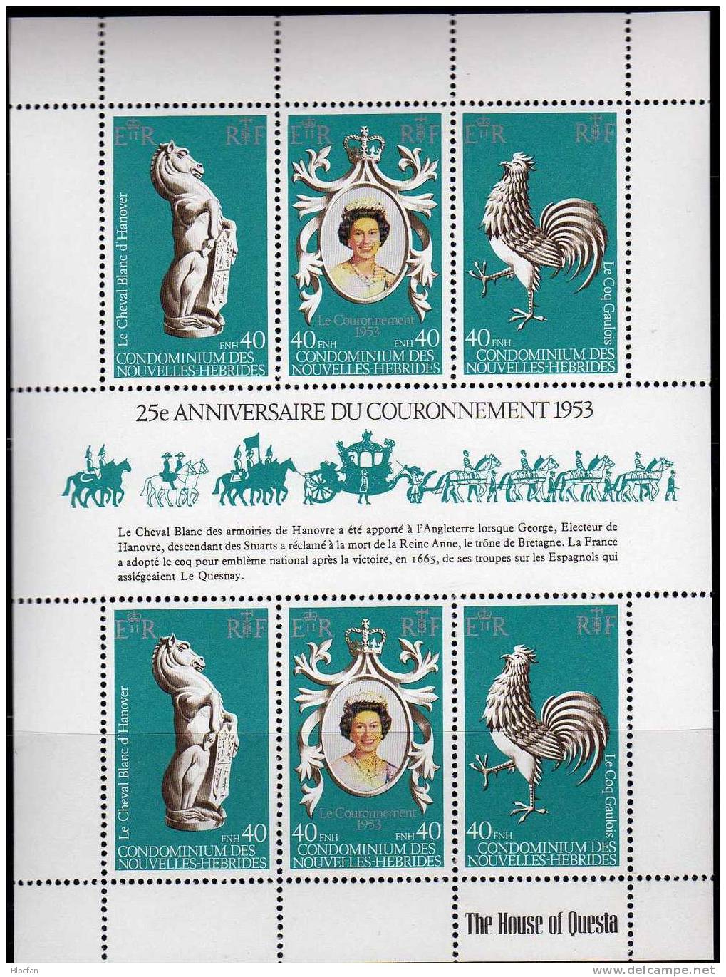 Weiße Pferd Hahn 1978 Condominium Hebriden 516/8+ 6-KB ** 15€ Wappen 25Jahre Krönung Elisabeth II Sheetlet Oceanien - Unused Stamps