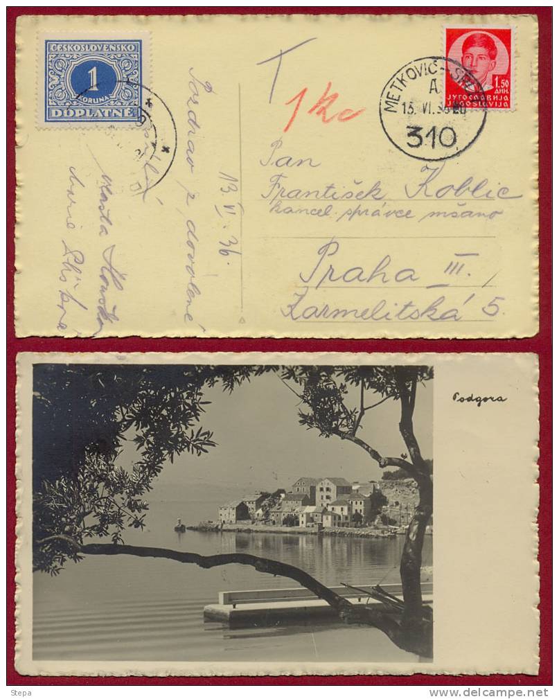 YUGOSLAVIA-CZECH-CROATIA, METKOVIC-SPLIT 310 SHIP POST OFFICE CANCEL/POSTAGE DUE ON PODGORA PICTURE POSTCARD 1936 - Kroatien