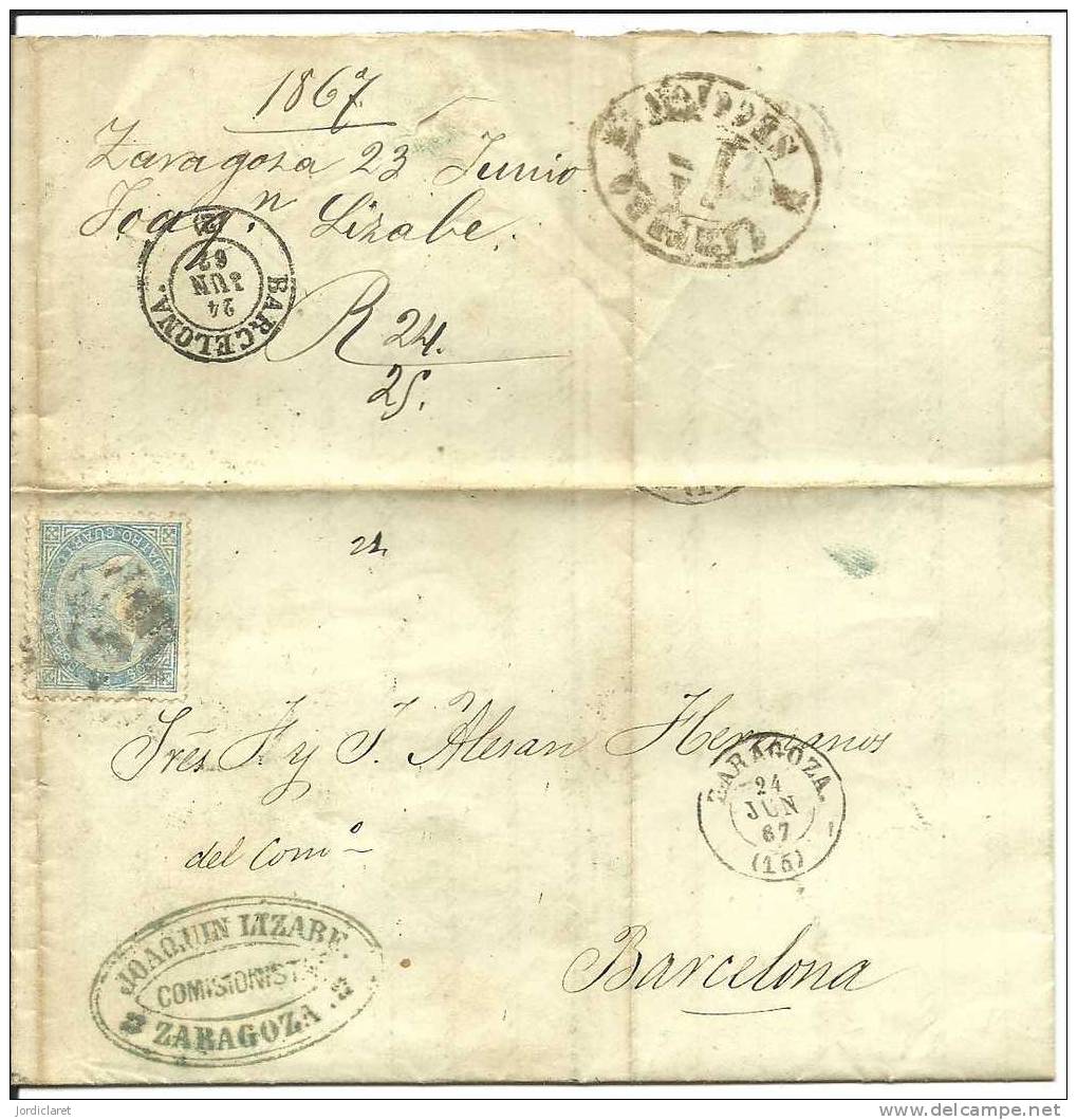 CARTA  ZARAGOZA BARCELONA 1867 - Covers & Documents