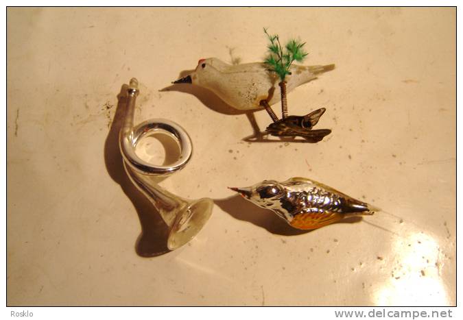 DECORATION DE NOEL  / VERRE PEINT / 2 OISEAUX+1 COR DE CHASSE - Schmuck Und Dekor