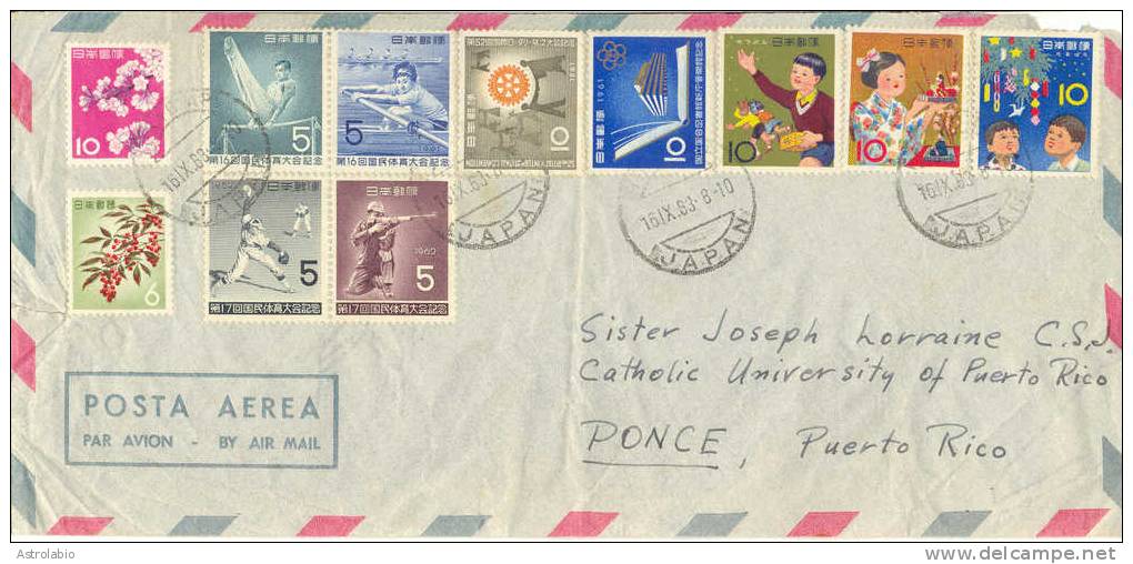 Japan 1963 Lettre En Puerto Rico, Sports, Base-ball,tir, Gymnastique Et Aviron, Voir 2 Scan - Lettres & Documents