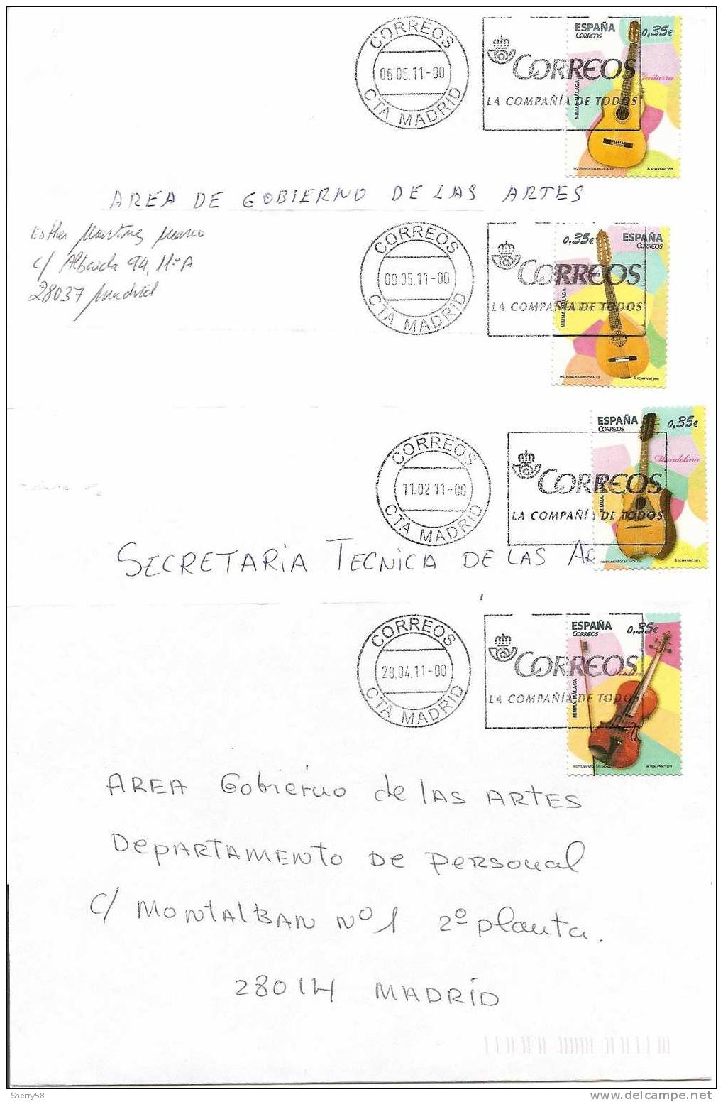 2011-ED.4628/31-SERIE COMPLETA EN CARTA CIRCULADA TAMAÑO 17X12 Cms-INST. MUSICALES.VIOLÍN.GUITARRA .LAÚD.MANDOLINA - Lettres & Documents