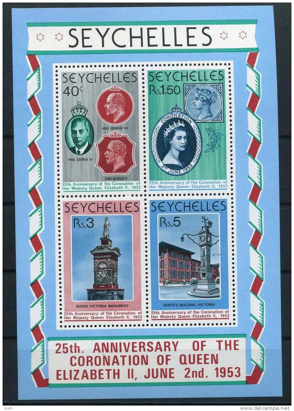 1978 Seychelles, 25° Anniversario Incoronazione Elisabetta Foglietto , Serie Completa Nuova (**) - Seychelles (1976-...)