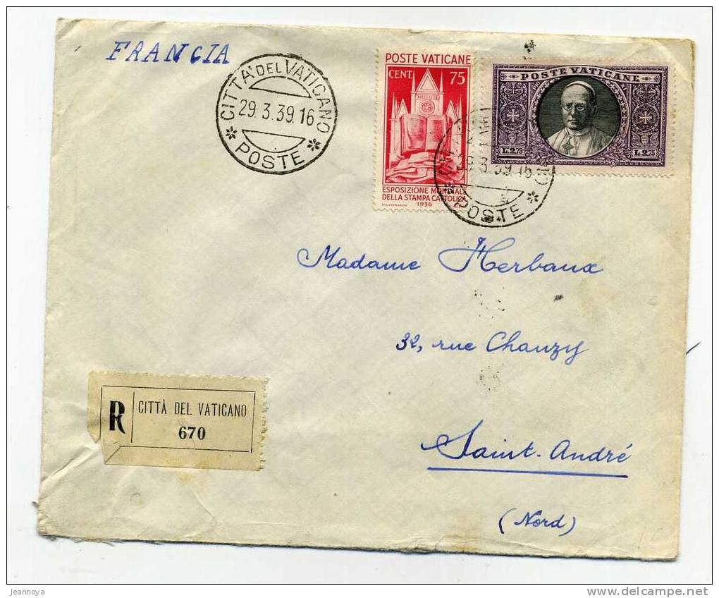 VATICAN - N° 56 + 76 SUR LETTRE RECOMMANDÉE DU 29/3/39 POUR LA FRANCE - TB - Lettres & Documents