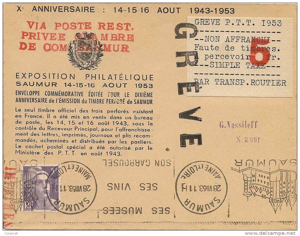 FRANCE - GREVE P.T.T. 1953 - Type Marianne De Gandon - COVER From SAUMUR - Simple Taxe 5 Per Transport Militaire - Autres & Non Classés