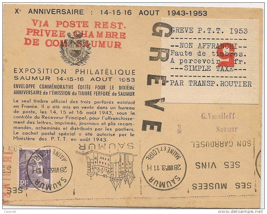 FRANCE - GREVE P.T.T. 1953 - Type Marianne De Gandon -COVER From SAUMUR -simple Taxe 5 -INVERTED-per Transport Militaire - Autres & Non Classés