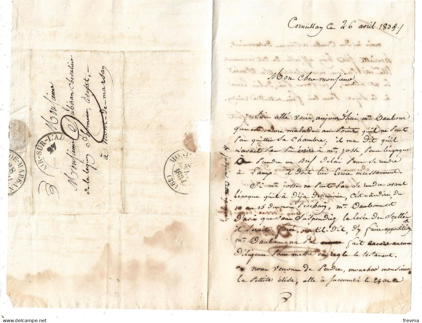 Lettre Adressée Mr Dubiran Chevalier De La Legion D'honneur Avocat A Mont De Marsan Ecrite A Corneillan Par Dubache 1834 - Gebührenstempel, Impoststempel