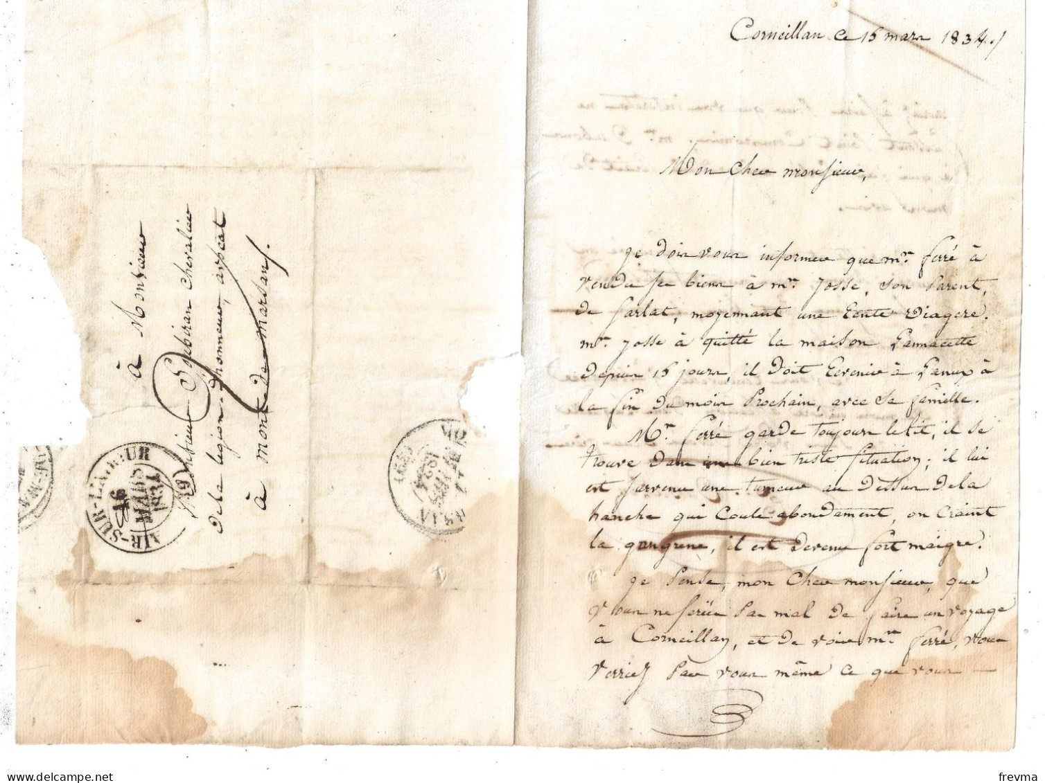 Lettre Adressée Mr Dubiran Chevalier De La Legion Dhonneur Avocat A Mont De Marsan Ecrite A Corneillan Par Dubache 1834 - Matasellos Generales