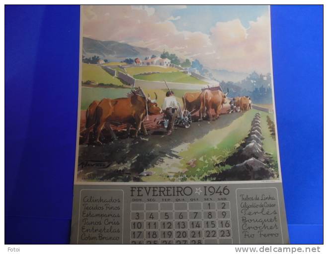 1946 PORTUGAL FOLHA DE CALENDARIO AGUARELA MANUEL TAVARES TEMA « O TRABALHO QUE O MILHO DÁ»  LAVRAR - Tamaño Grande : 1941-60