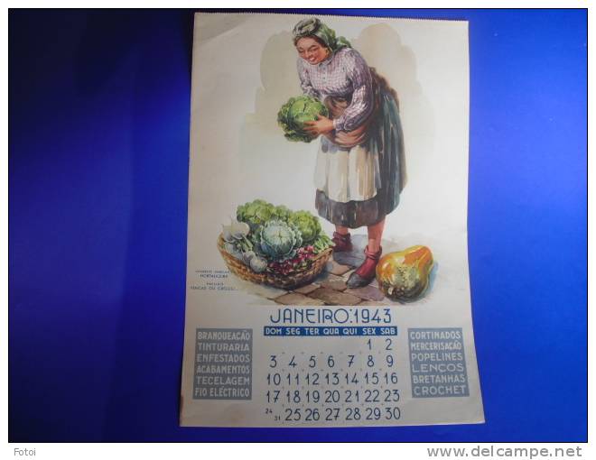 PORTUGAL 1943 FOLHA DE CALENDARIO AGUARELA   « COMERCIO AMBULANTE » HORTALICEIRA - Grand Format : 1941-60