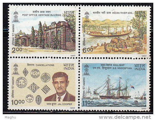 India 1997 MNH, Inter. Stamp Exhibition, Se-tenet Of 4, Transport, Ship, Heritage Building, Architecure, - Unused Stamps