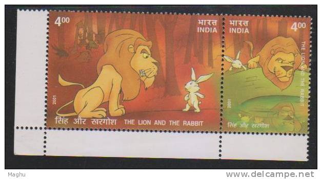 India  MNH 2001, Panchantra Fables / Stories, Se-tenent Pair, Lion, Rabbit, Animals - Unused Stamps