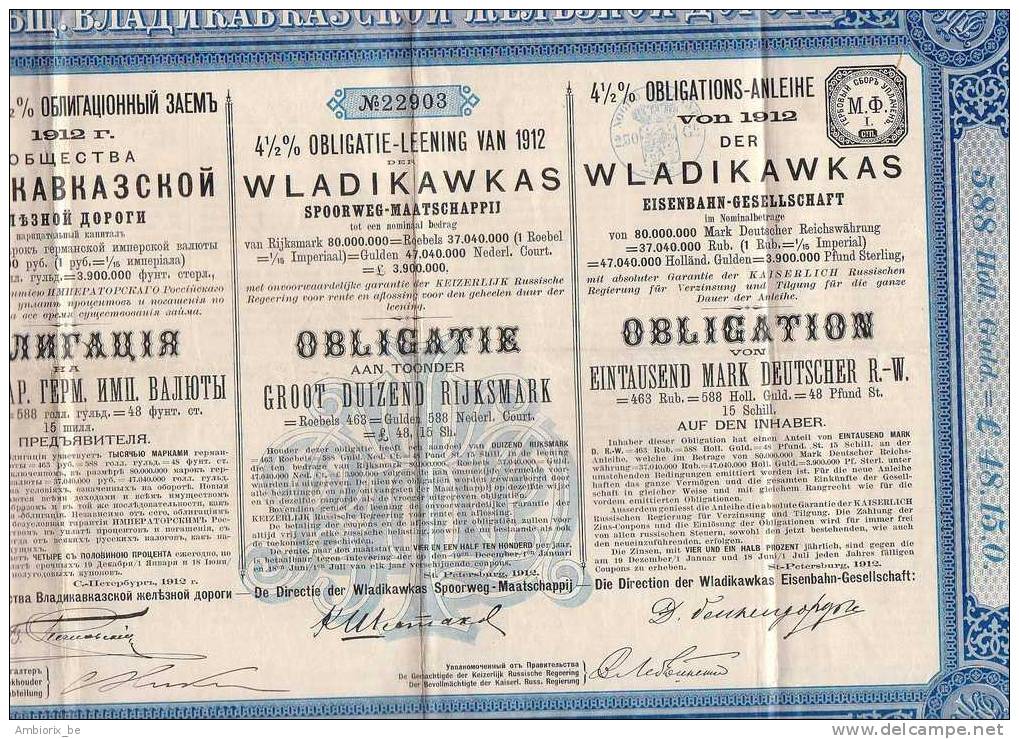 Chemins De Fer De Wladikawkas - Obligation 4% 1912 De 1000 Mark - Bahnwesen & Tramways