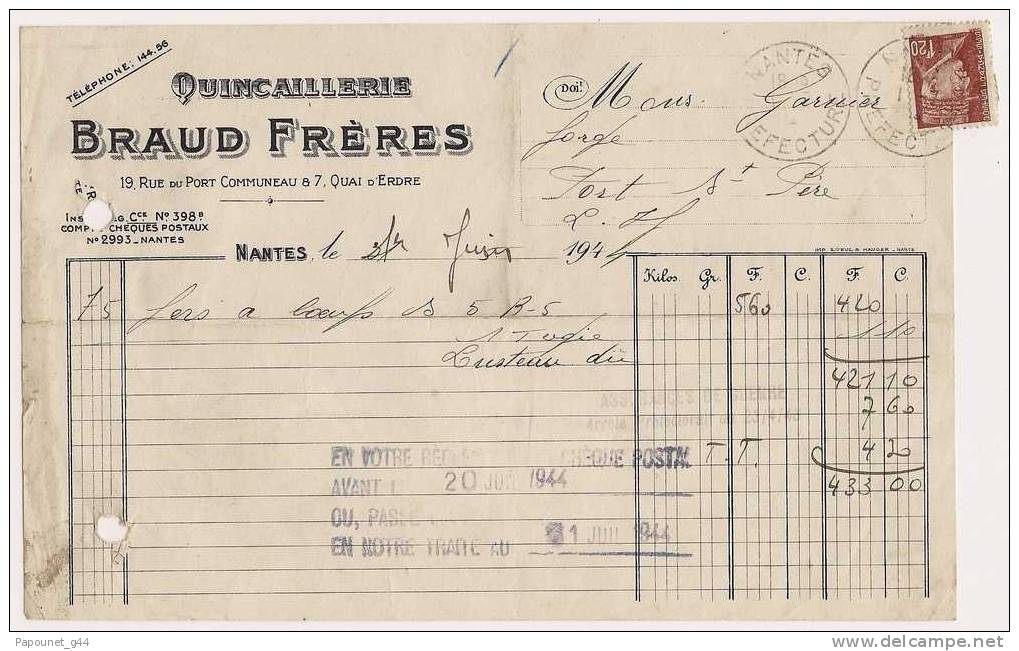 Quincaillerie Braud Frères (cachet  Préfecture Nantes Timbres Pétain) - Droguerie & Parfumerie