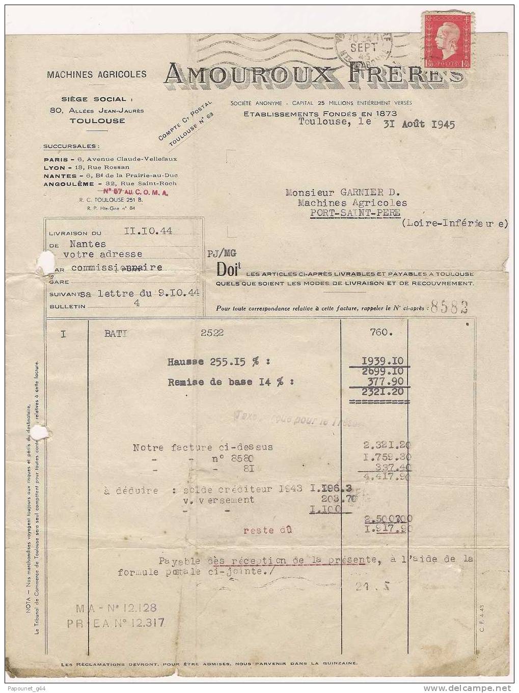 Machine Agricoles Amouroux Frères 1945 Timbre Marianne De Dulac - Droguerie & Parfumerie