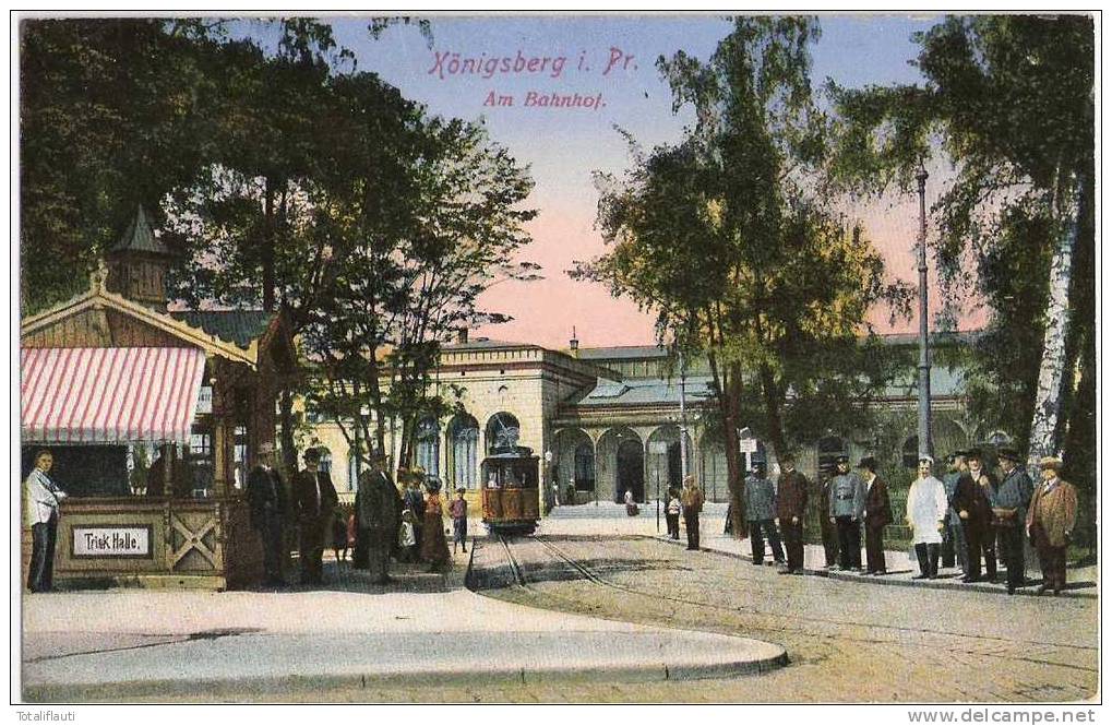 Königsberg Bahnhof Color Straßenbahn Belebt Tram Als Feldpost 15.12.1915 Gelaufen - Ostpreussen