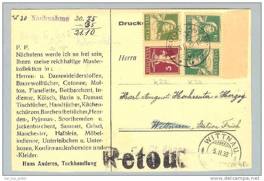 Schweiz Zusammendrucke 1938-02-05 Nachnahmekarte Mit Zu#K22+K24 Von Brugg Nach Wittnau Nicht Eingelöst - Tête-bêche