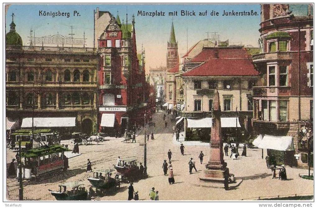Königsberg Münzplatz Junkerstraße Geschäftshaus C Hübner Oldtimer Tram Color Als Feldpost 18.8.1916 Judaica Kaliningrad - Ostpreussen