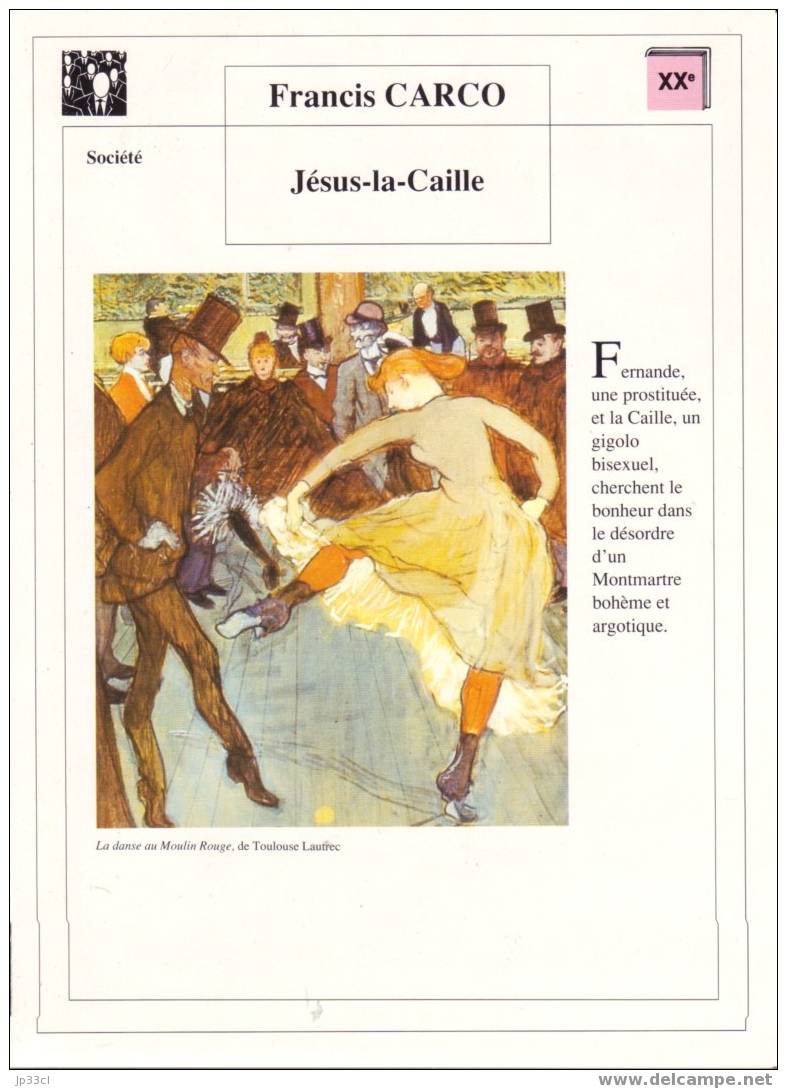 Fiche De Lecture Sur "Jésus-la-Caille" De Francis Carco - Didactische Kaarten