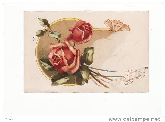 Carte 1915 PAPILLON SUR ROSES "joyeux Anniversaire" - Papillons