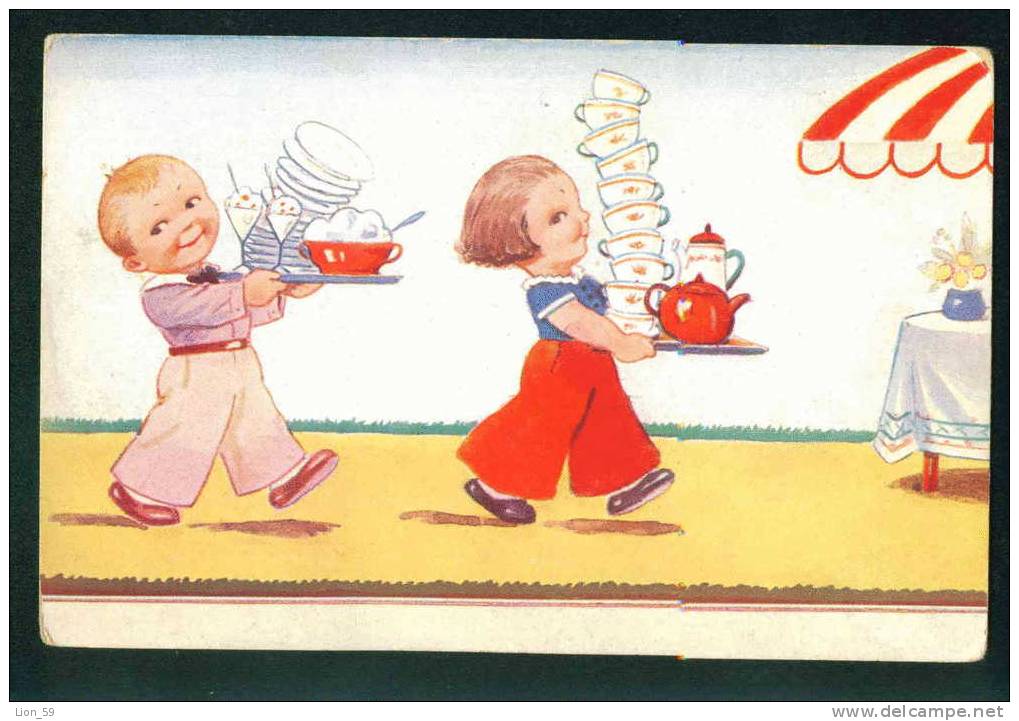 32111 Illustrator JOHN WILLS - Boy And Girl Waiter - TEA, ICE CREAM Pc WSSB 7568/3 - Wills, John