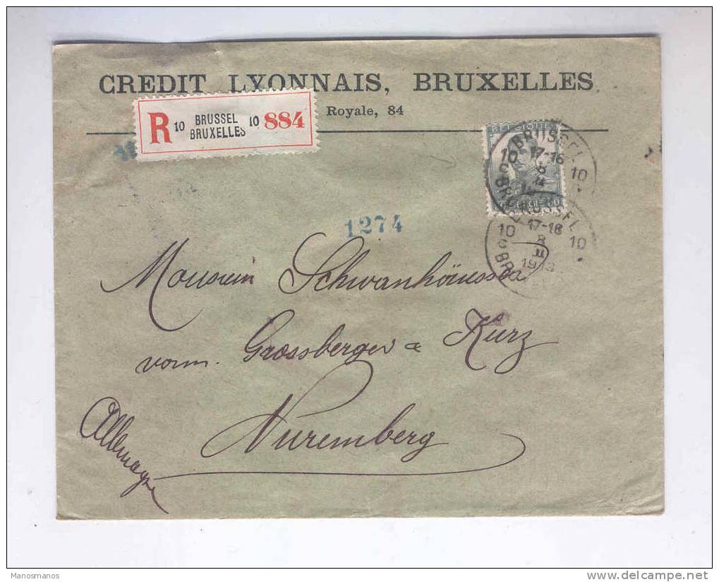 530/17 - Lettre Recommandée TP Pellens 50 C PERFORE C.L. BRUXELLES 1913 Vers NUREMBERG - Entete Crédit Lyonnais - 1909-34