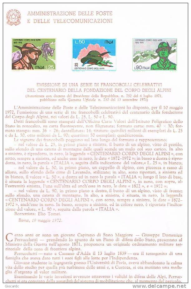 ITALIA REPUBBLICA - BOLLETTINI ILLUSTRATIVI - 1972 BOLLETTINO  N. 205 -  ANNIV. FONDAZIONE CORPO DEGLI ALPINI - Varietà E Curiosità