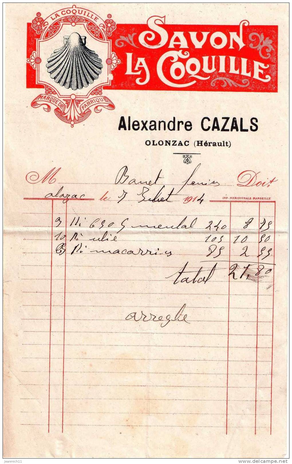 FACTURE OLONZAC : " Savons De Marseille - La Coquille - Alexandre CAZALS Epicier " - Chemist's (drugstore) & Perfumery