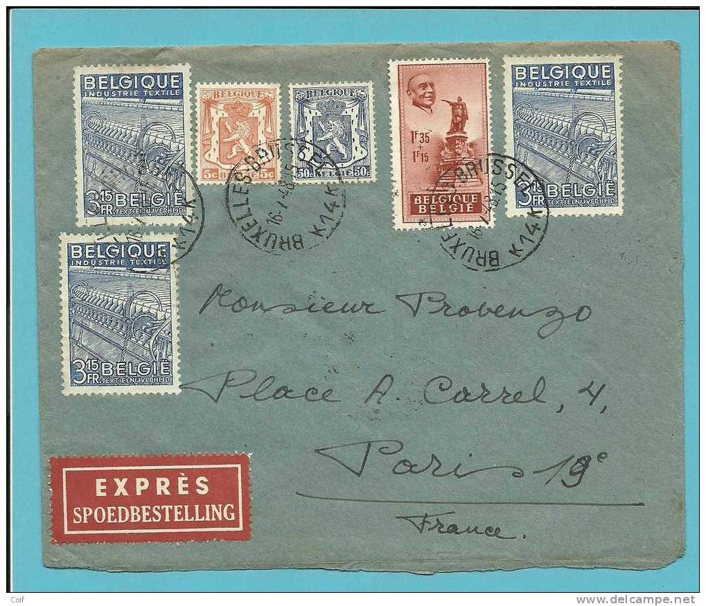 419+426+765+783 (surtaxe / Toeslagzegel) Op Brief Per EXPRES Met Stempel BRUXELLES, Verso Ambulant BRUXELLES A PARIS - 1948 Exportación