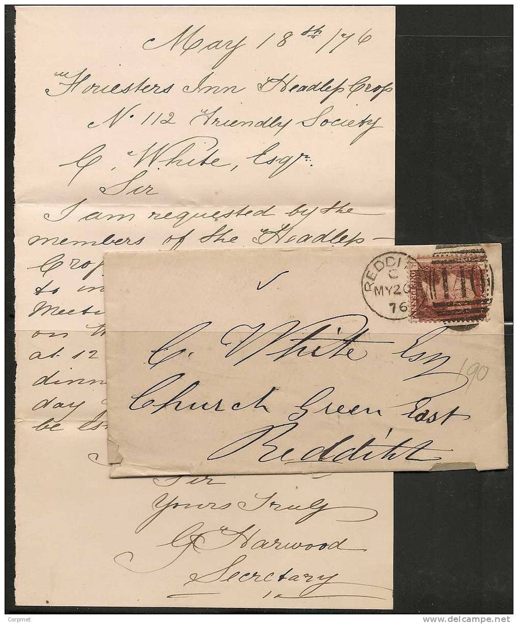 UK - 1876 COVER From REDDITCH -LETTER With Full CONTENTS - 1p Red Plate 190 - Storia Postale
