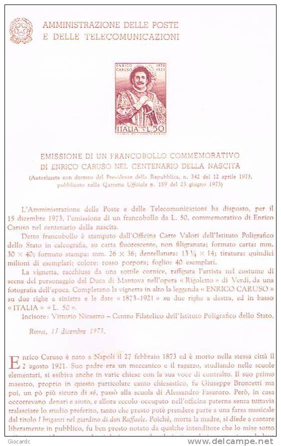 ITALIA REPUBBLICA - BOLLETTINI ILLUSTRATIVI - 1973 BOLLETTINO N. 232 - ENRICO CARUSO - Varietà E Curiosità
