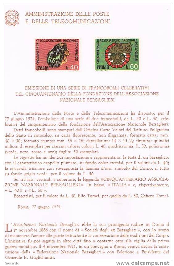 ITALIA REPUBBLICA - BOLLETTINI ILLUSTRATIVI - 1974 BOLLETTINO N. 238 - ASSOCIAZIONE NAZIONALE BERSAGLIERI - Abarten Und Kuriositäten