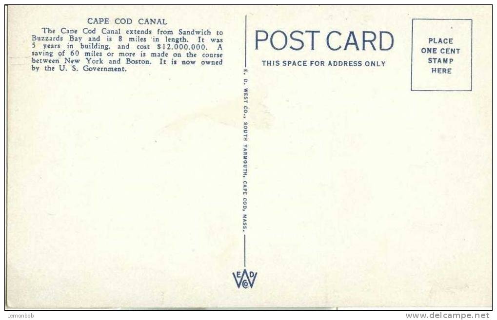 USA – United States – The New York Boat – Cape Cod Canal Early 1900s Unused Postcard [P3185] - Cape Cod