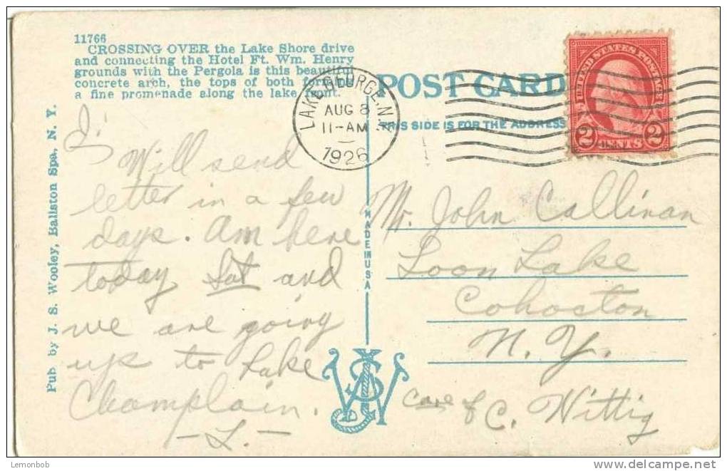 USA – United States – Arch & Pergola, Fort Wm. Henry Hotel, Lake George, N.Y 1926 Used Postcard [P3238] - Lake George
