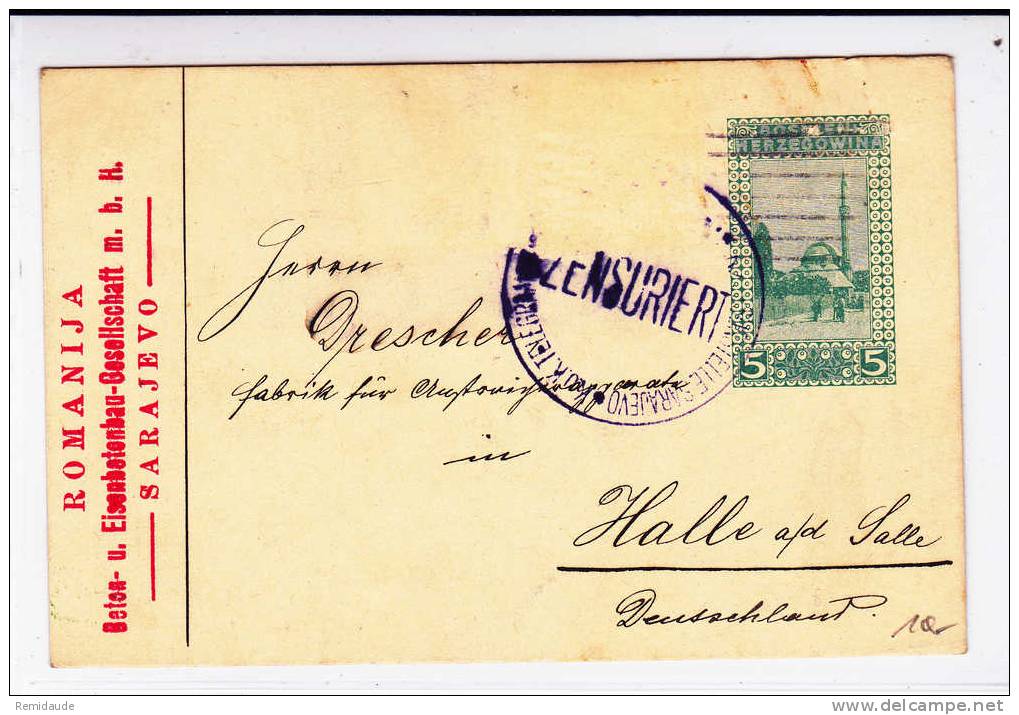 1916 - CARTE ENTIER POSTAL De SARAJEVO (MANQUE 1 TIMBRE) Pour L´ALLEMAGNE (HALLE) Avec CENSURE - Bosnie-Herzegovine