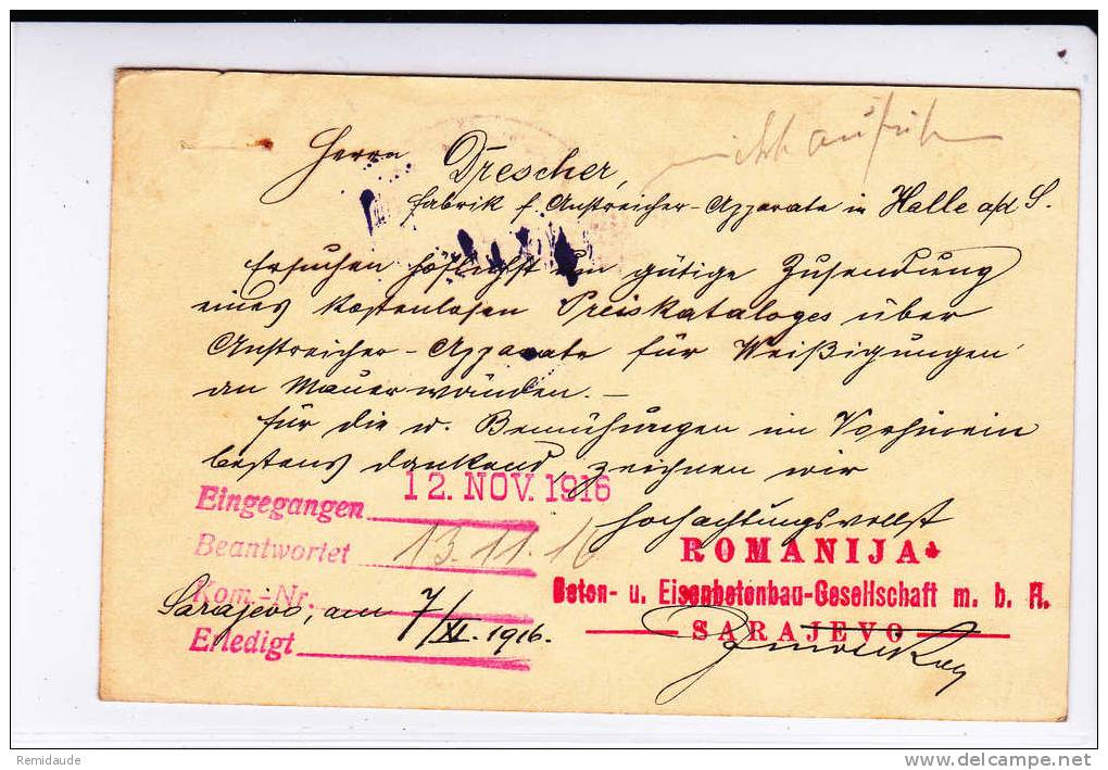 1916 - CARTE ENTIER POSTAL De SARAJEVO (MANQUE 1 TIMBRE) Pour L´ALLEMAGNE (HALLE) Avec CENSURE - Bosnie-Herzegovine