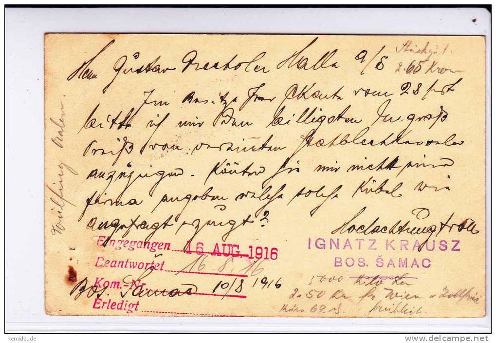 1916 - CARTE ENTIER POSTAL De BOS.SAMAC Pour HALLE (SAXE) Avec CENSURE De WIEN - Bosnie-Herzegovine