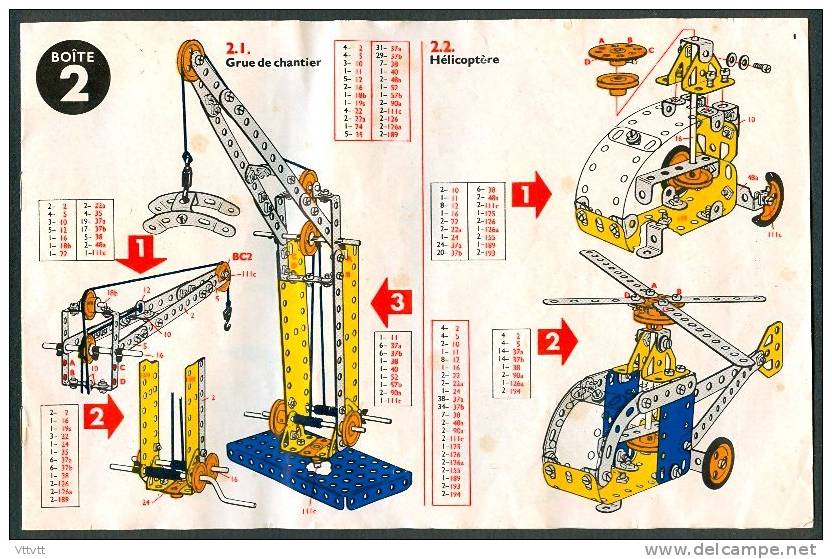 MECCANO : Notice Boite 2 (8 Pages) Grue, Hélicoptère, Moulin, Scie, Tracteur, Scooter, Pelle, Voiture, Chariot... - Meccano