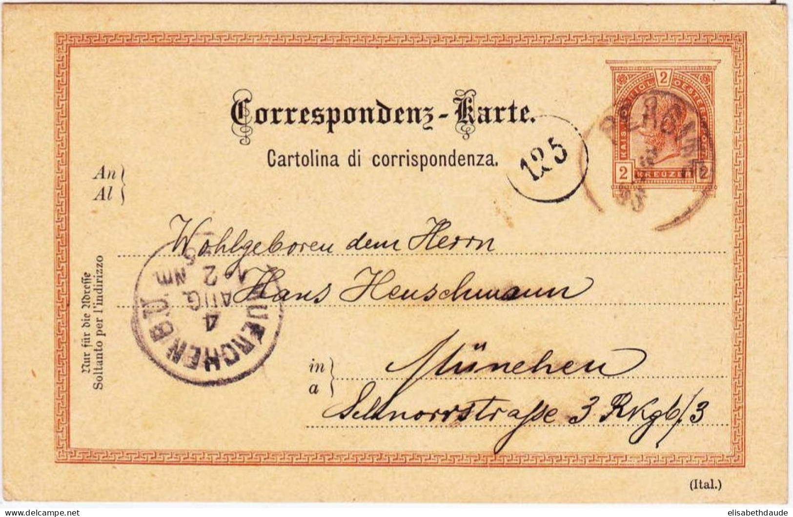 AUTRICHE - 1895 - CARTE POSTALE ENTIER De PERGINE Pour MÜNCHEN (ALLEMAGNE) - Lombardy-Venetia