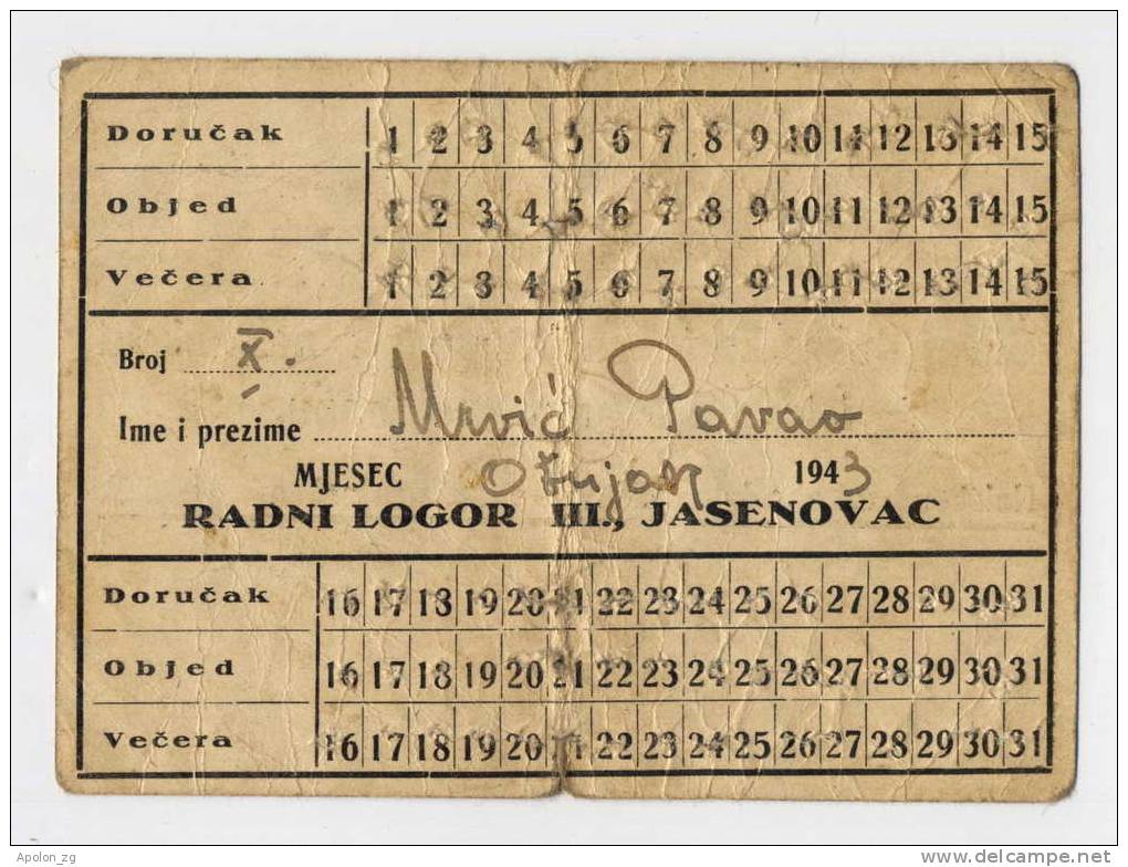 CROATIA-NDH/ Concentration Camp JASENOVAC-MEAL CARD 1943-RADNI LOGOR III *  UNIQUE HOLOCAUST ITEM ! - Kroatien