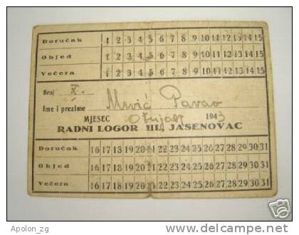 CROATIA-NDH/ Concentration Camp JASENOVAC-MEAL CARD 1943-RADNI LOGOR III *  UNIQUE HOLOCAUST ITEM ! - Kroatien