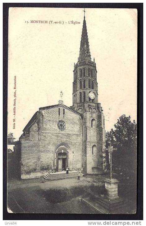 CPA  ANCIENNE- FRANCE- MONTECH (82)- L'EGLISE ROMANE EN GROS PLAN- ANIMATION DEVANT- LE CALVAIRE - Montech