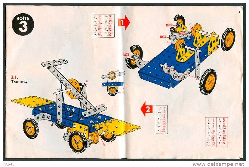 MECCANO : Notice Boite 3 (16 Pages) Tramway, Grue, Benne, Chariot, Voiture, Excavatrice, Pompiers, Avion, Bulldozer... - Meccano