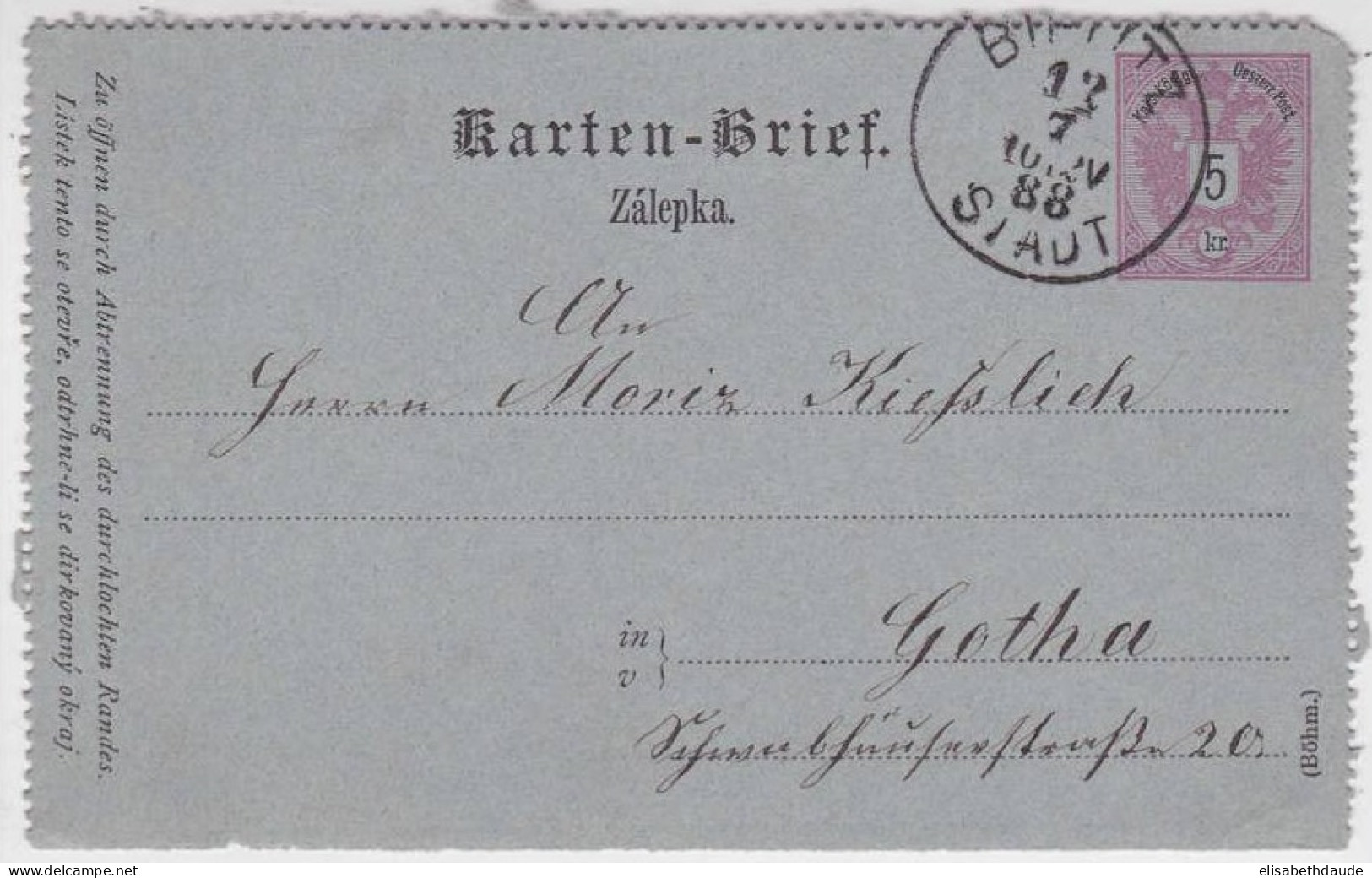 AUTRICHE - 1888 - MOITIE De CARTE-LETTRE De BIFLITZ Pour GOTHA (ALLEMAGNE) - Other & Unclassified
