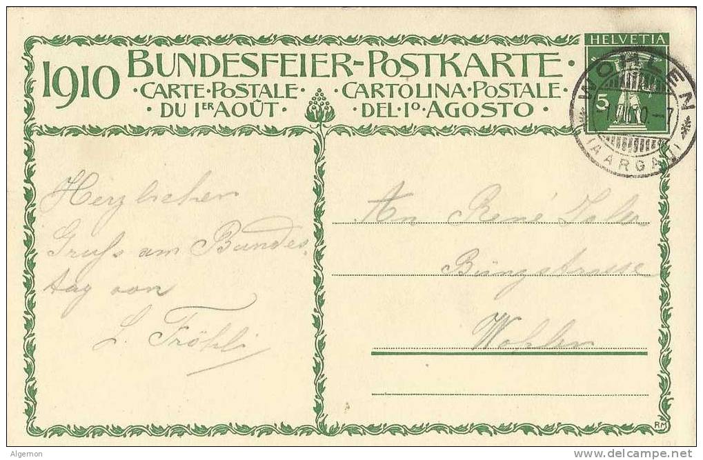 2524 - Carte De La Fête Nationale 1910      Wohlen 01.08.1910 - Entiers Postaux