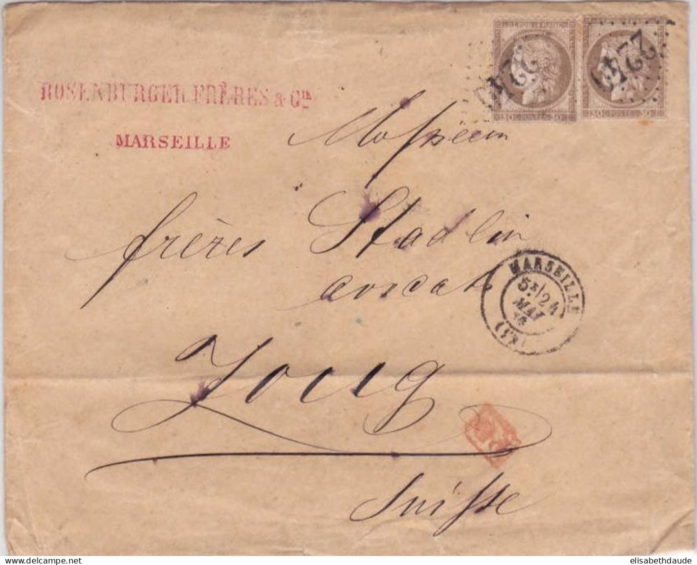 1874 - CERES - YVERT N°56 X2 DOUBLE PORT Sur LETTRE De MARSEILLE Pour ZUG (SUISSE) - 1871-1875 Cérès